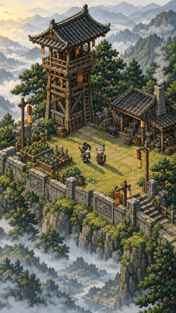 The watchtower in daylight: a wooden tower, a courtyard with Jin and a guest, a stone wall above the clouds