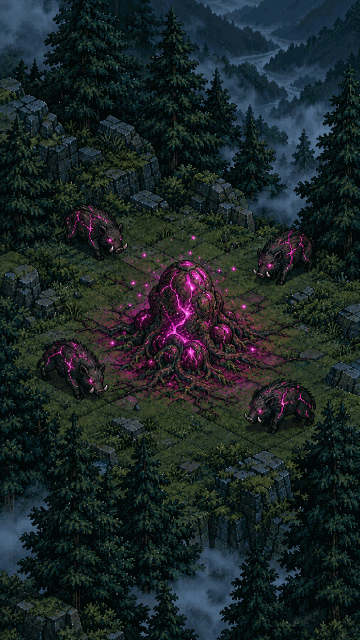 A pulsing plague nest at night in a pine forest, with infected boars around it