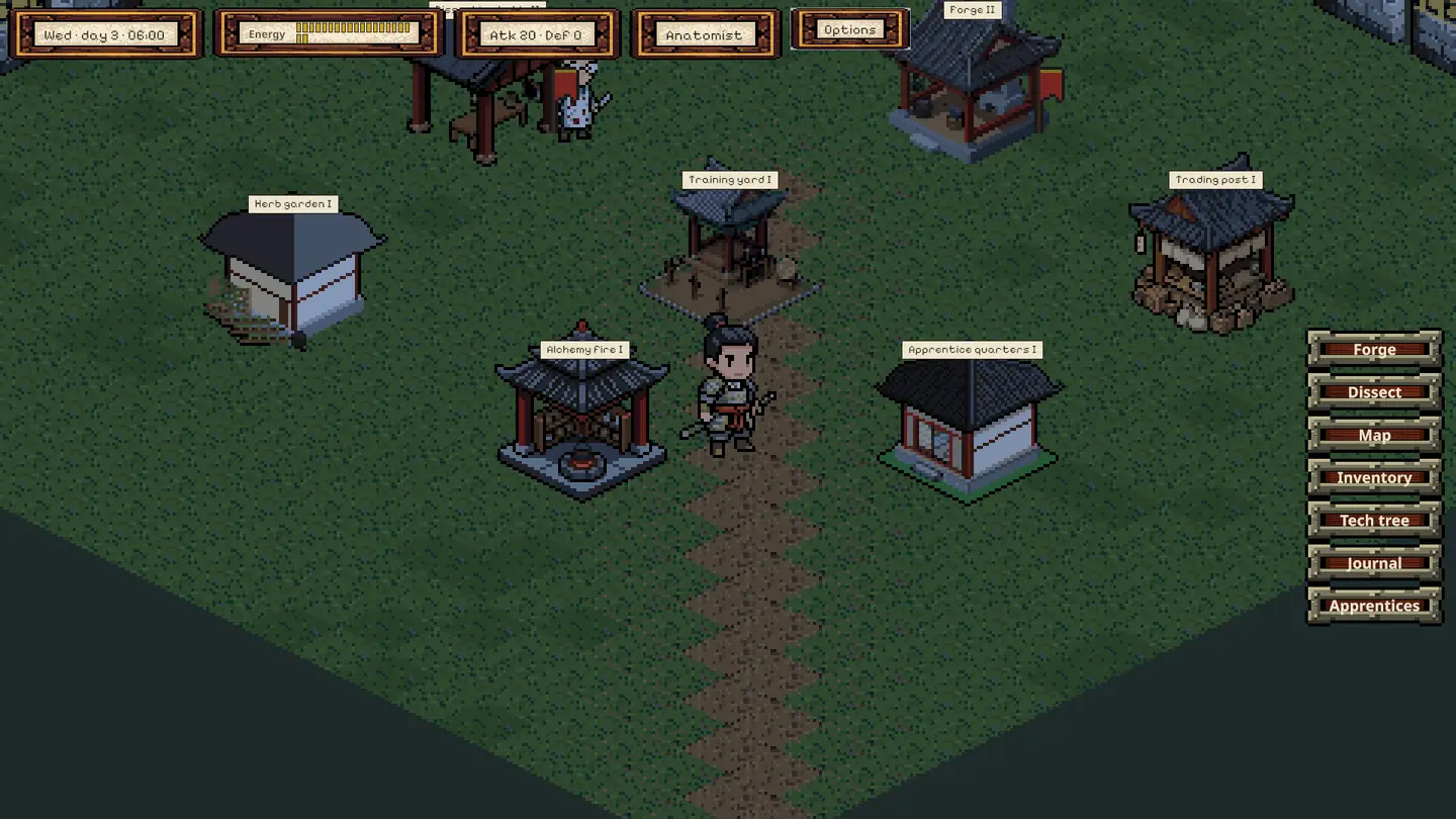 The base on a desktop screen: stations, guests and the menu on the right